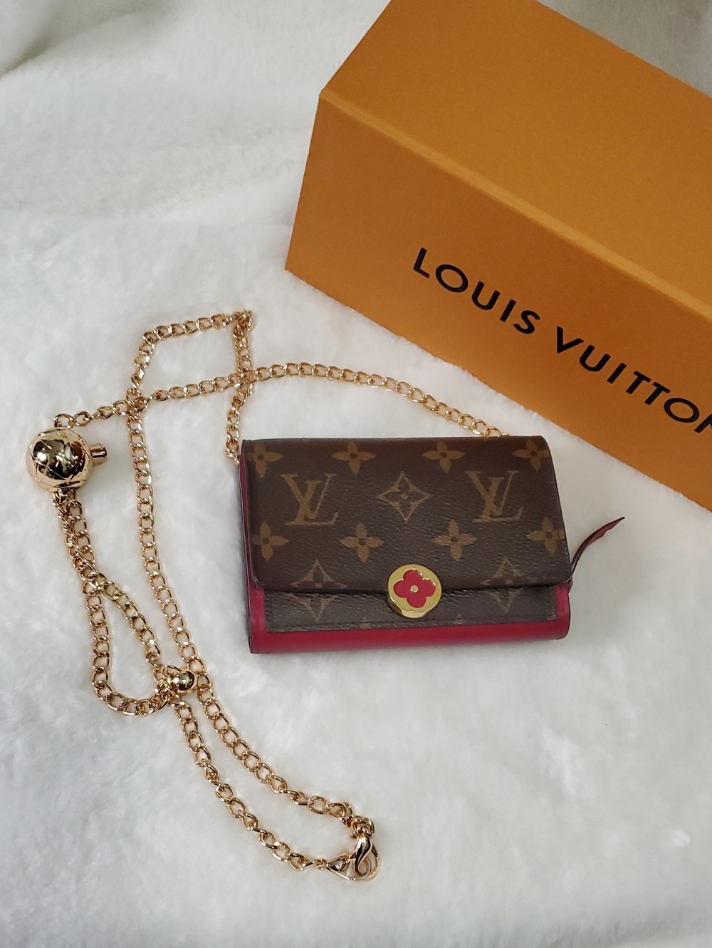 Louis Vuitton Monogram Crossbody Wallet with Gold Chain & Red Trim